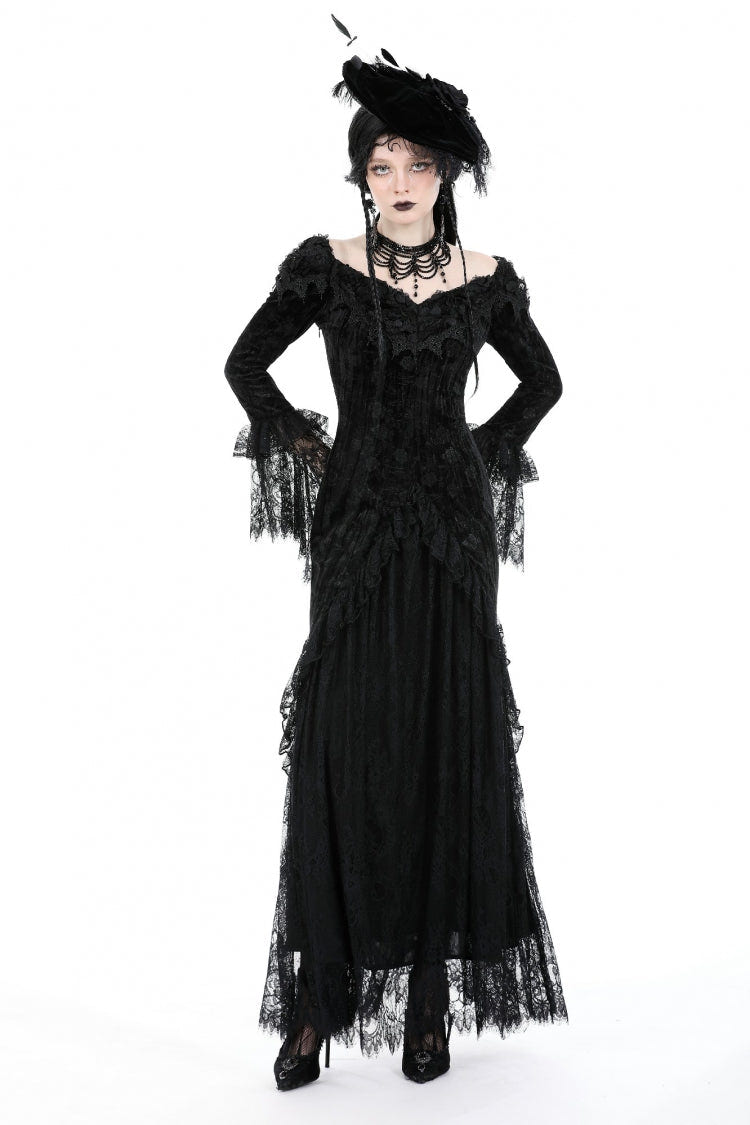 Black Off Shoulder Lace Long Trumpet Sleeves Lace-Up Women's Gothic Bodycon Dress - Product - 9