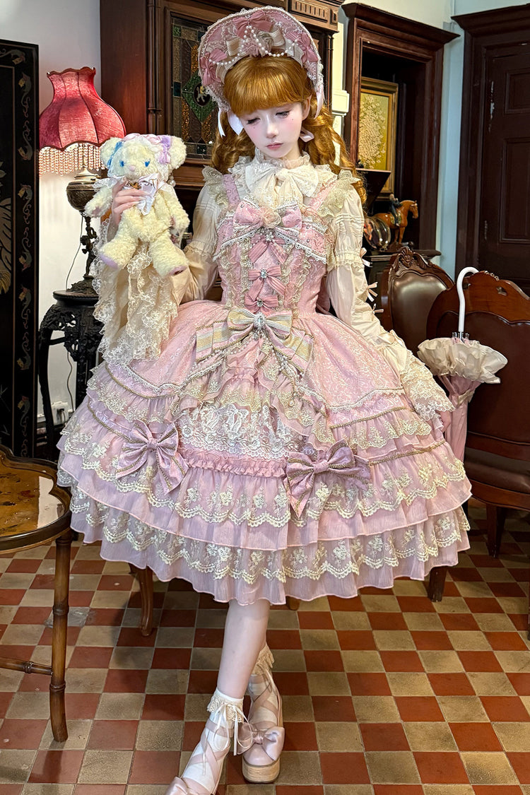Pink [Crown of Gems] Triple-Layered Ruffle Bowknot Lace Sweet Gorgeous Lolita Jsk Dress - Pink - 1