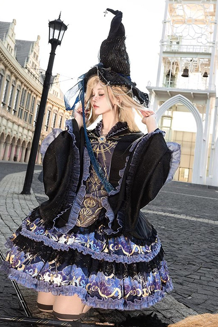 Black [Astrology Cat] Long Sleeves Double-Layered Print Ruffle Lace Gothic Lolita Dress - Product - 7