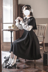 Black/White [Sunset Academy] Long Sleeves Ruffle Bowknot Fake Two Pieces Vintage College Style Elegant Lolita Dress - Product - 8