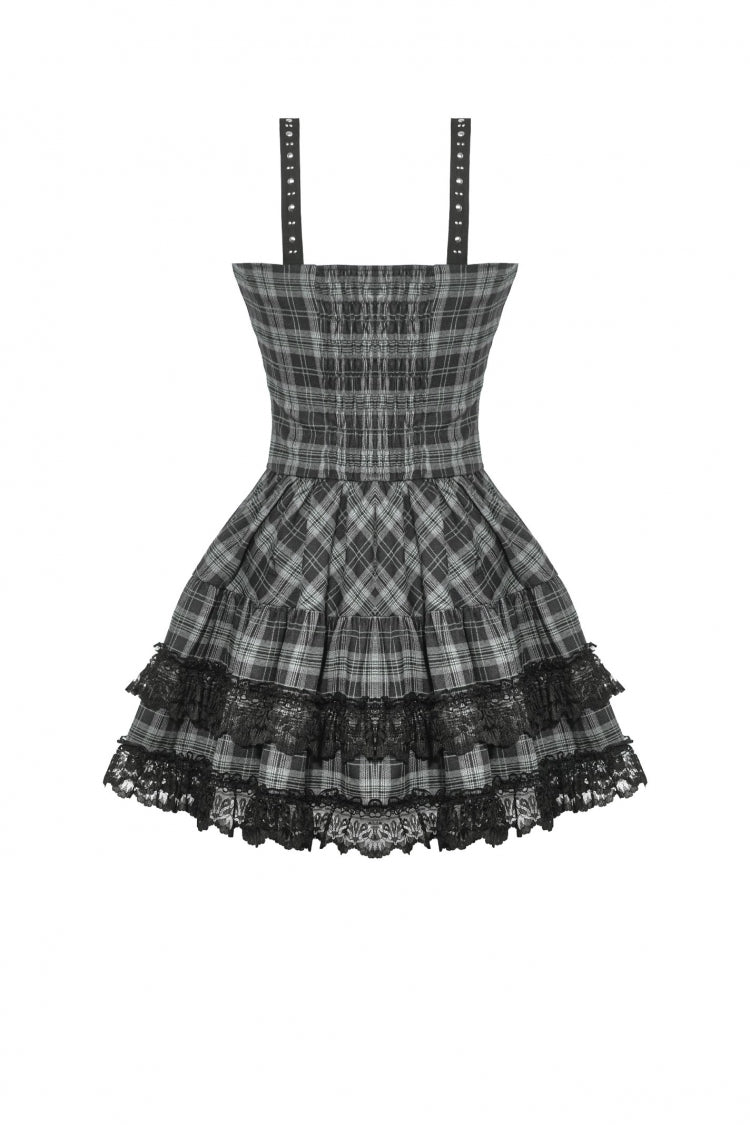Grey Sleeveless Layered Lace Hem Plaid Women's Punk Party Slip Dress Graduation Dress - Product - 10