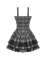Grey Sleeveless Layered Lace Hem Plaid Women's Punk Party Slip Dress Graduation Dress - Product - 10