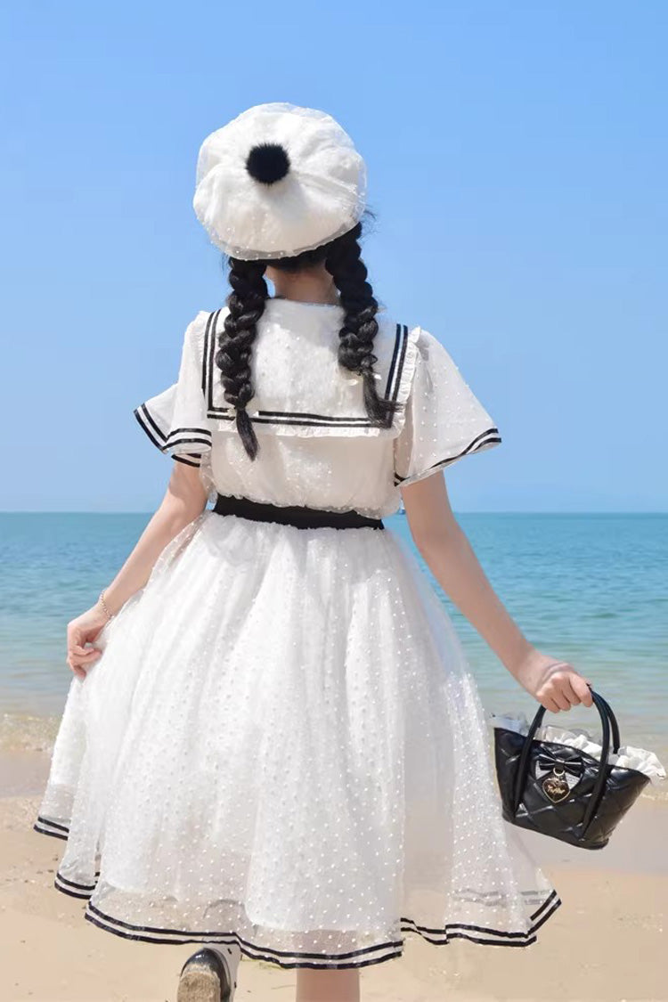 White [Seaside Sweetheart] Chiffon Navy Collar Short Sleeves Ruffled Lace-Up Slim Sailor Sweet Lolita Dress - Product - 11