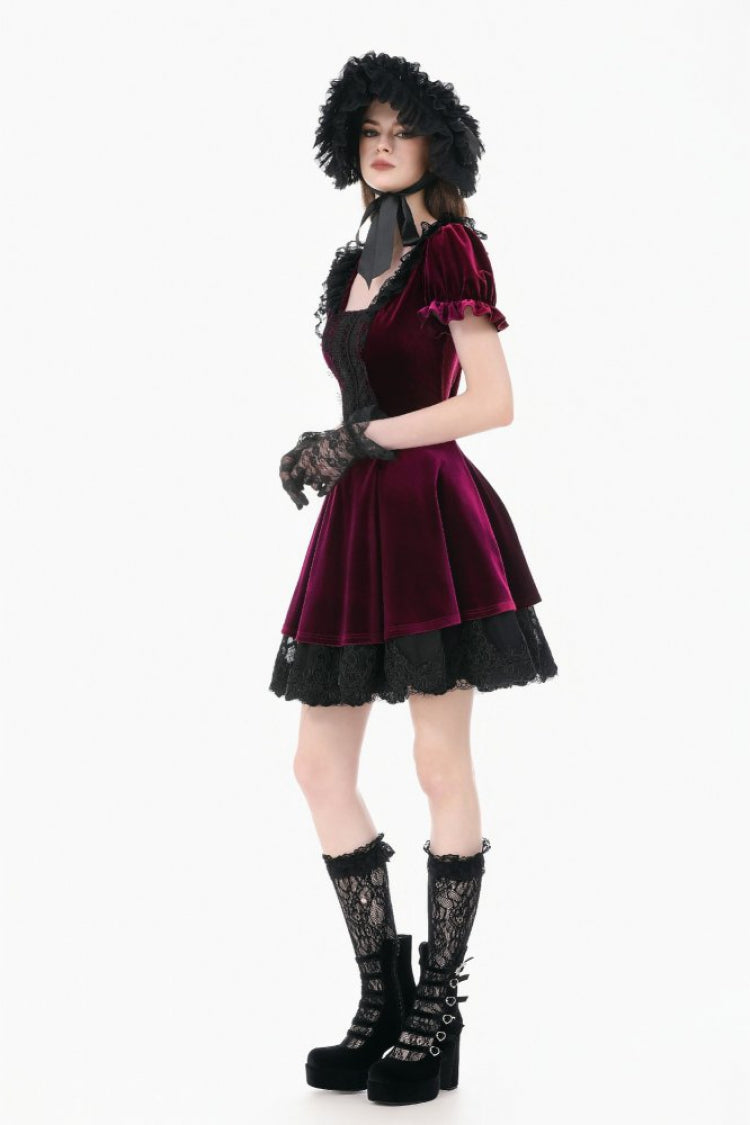 Wine Red Square Collar Short Puff Sleeves Velvet Patchwork Lace Lace-Up Women's Gothic Dress - Product - 8