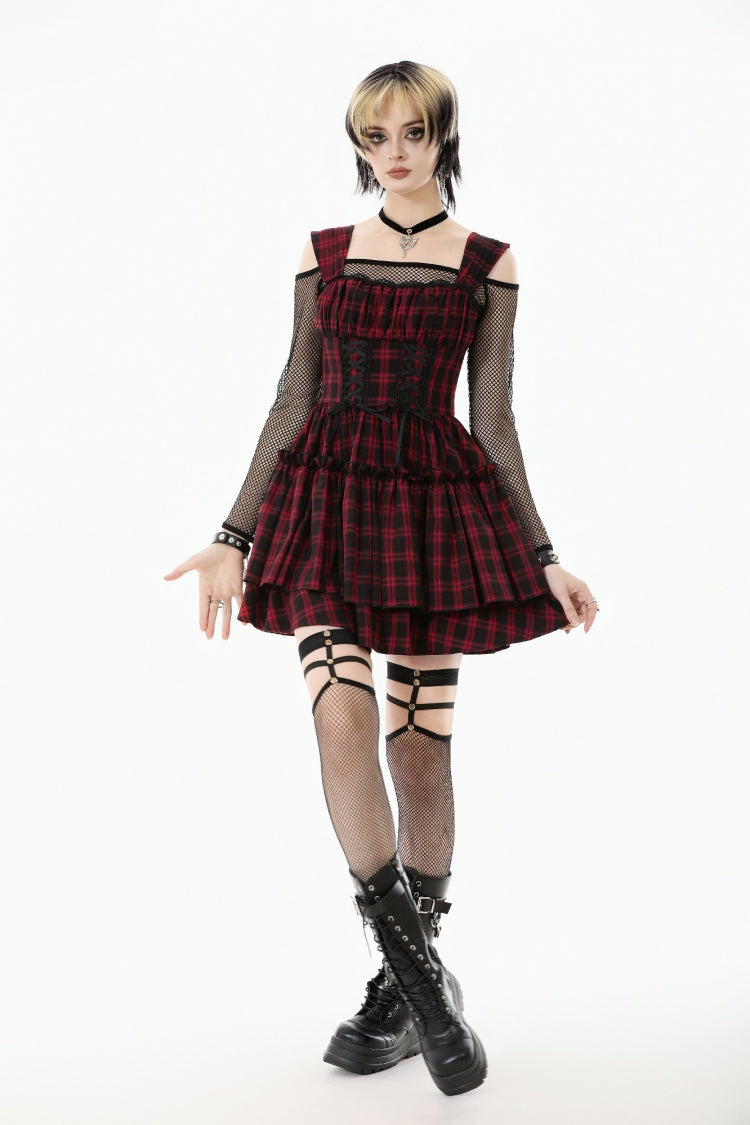 Red/Black Sleeveless Layered Plaid Ruched Women's Cake Dress Graduation Dress - Product - 7
