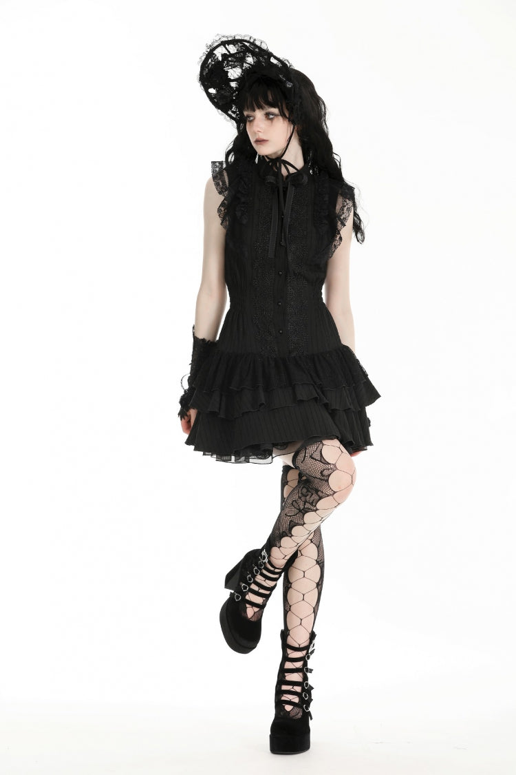 Black Lace Ruffled Stand Collar Bow Sleeveless Triple-Layered Hem Women's Gothic Dress - Product - 7