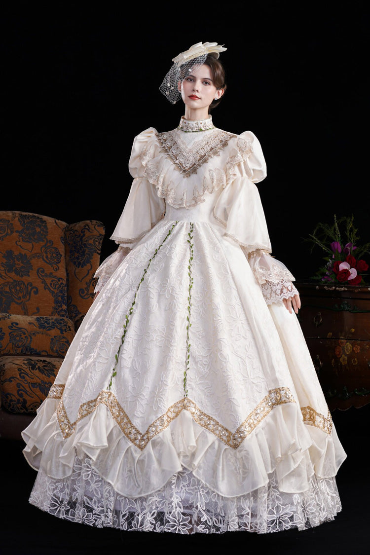 Champagne Stand Collar Long Sleeves Jacquard Wedding Style Open-Front Lace Sweet Princess Royal Lolita Victorian Dress - Product - 2