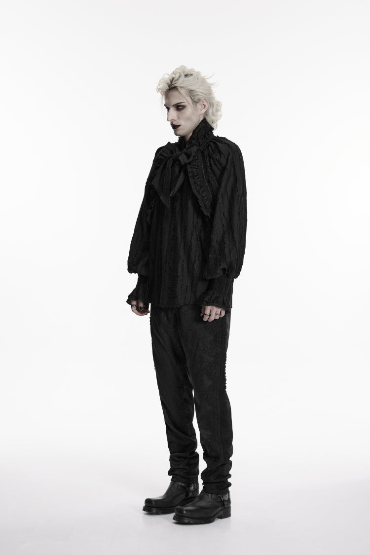 Black Stand Collar Long Lantern Sleeves Bow Lace Pleated Men's Gothic Shirt - Product - 2