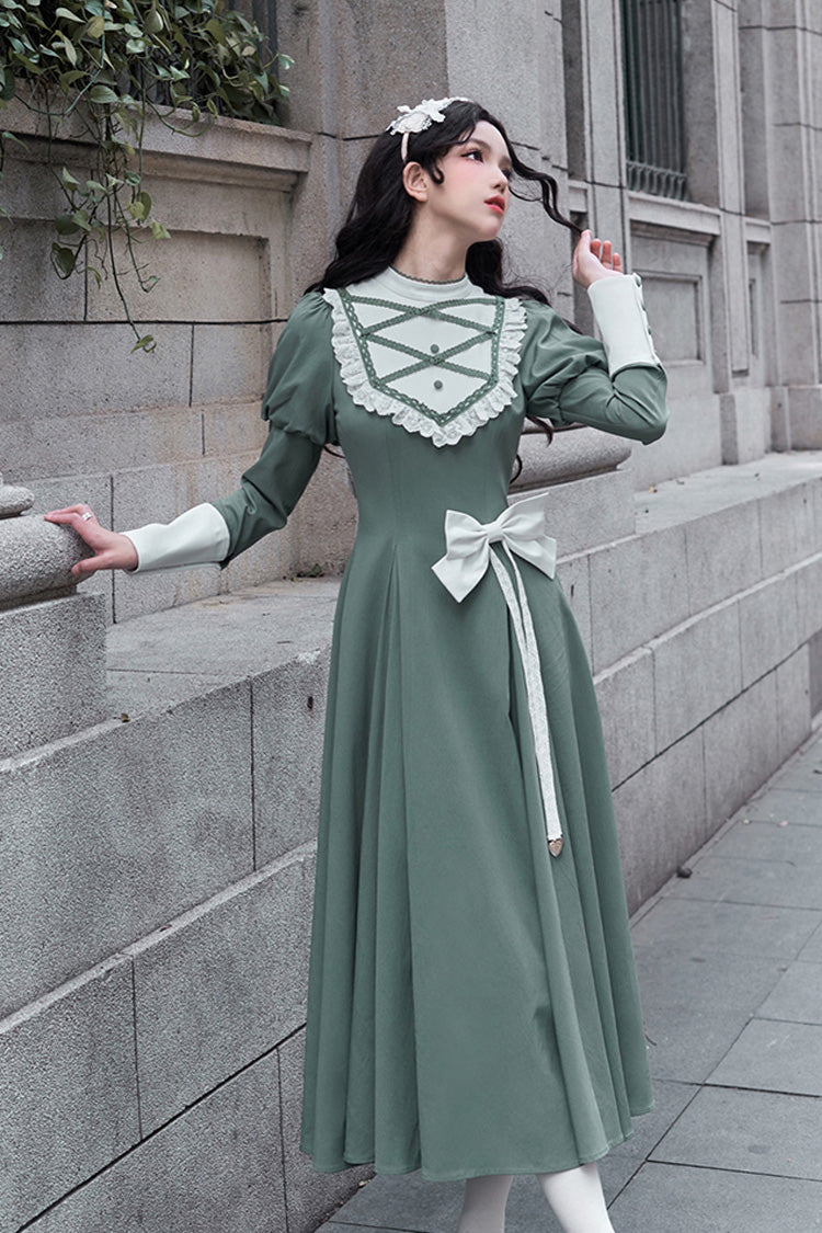 Green Nun Style Stand Collar Long Sleeves Ruffle Bowknot Classic Elegant Lolita Dress - Product - 5
