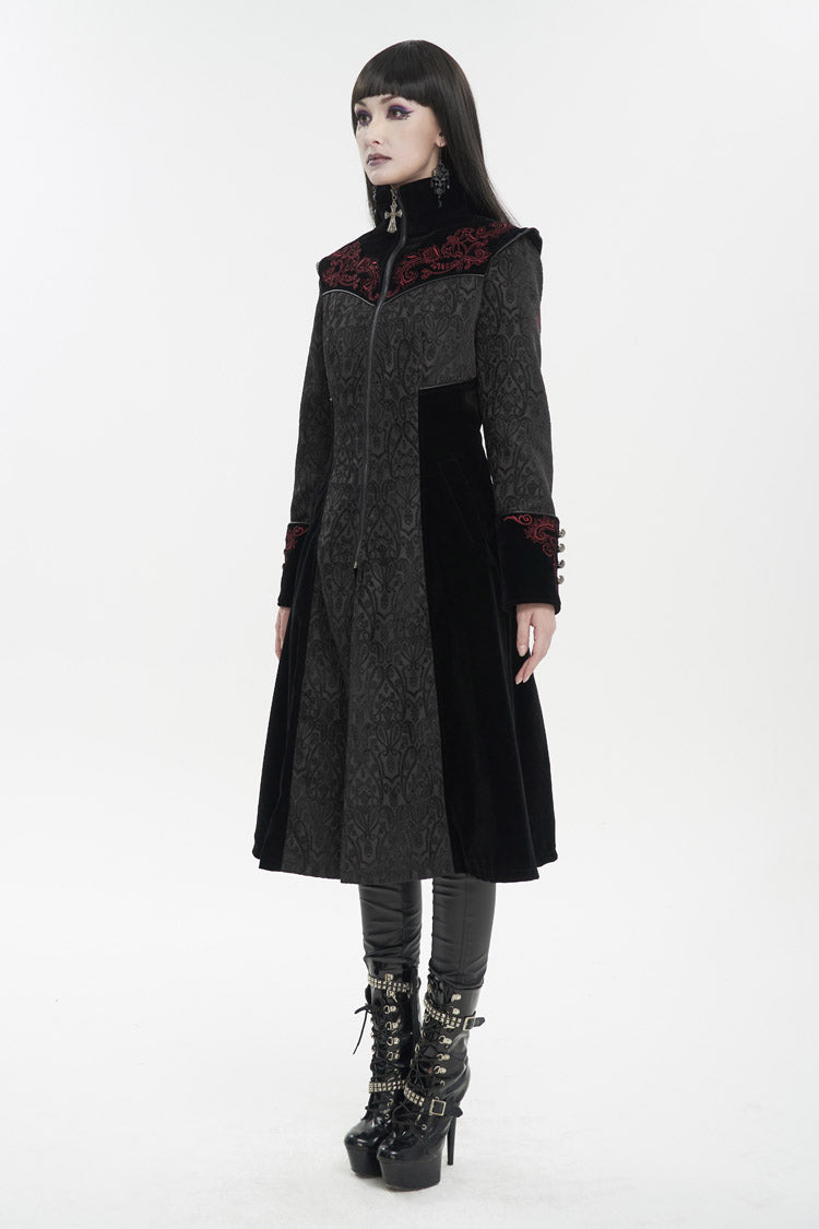 Black Jacquard Studded Mushroom Buckle Metal Cross Embroidered Women's Gothic Coat - Product - 5