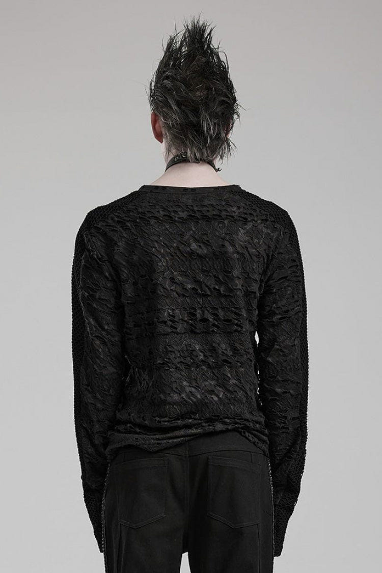 Black Long Sleeves Ripped Print Stitching Mens Gothic T-Shirt - Product - 3