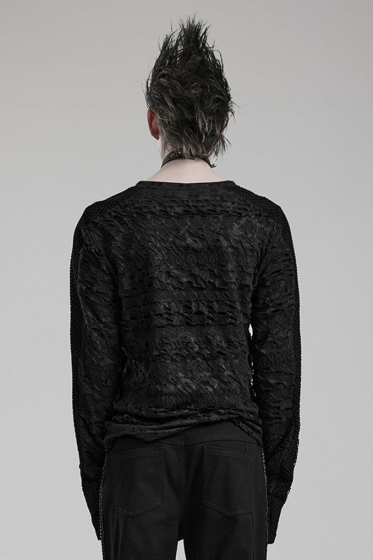Black Long Sleeves Ripped Print Stitching Mens Gothic T-Shirt - Product - 3