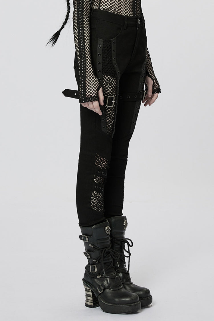 Stitching Slim Mesh Buckles Eyelets Women's Steampunk Leggings 2 Colors - Product - 2
