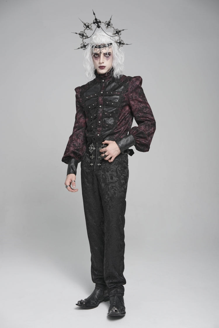 Black/Red Stand Collar Long Lantern Sleeves Floral Print Embroidery Men's Gothic Blouse - Product - 10