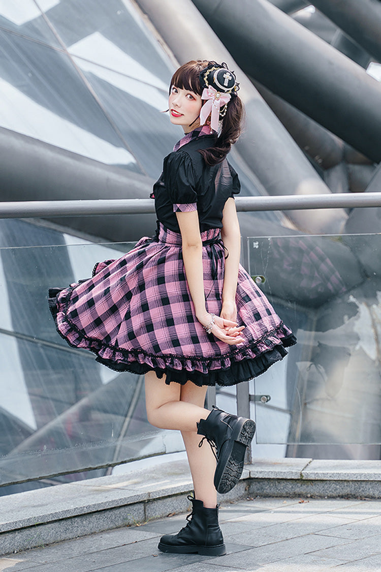 Black/Purple Short Sleeves Multi-Layered Print Ruffle Cardigan Bowknot Asymmetric Sweet Lolita Skirt Set - Product - 4