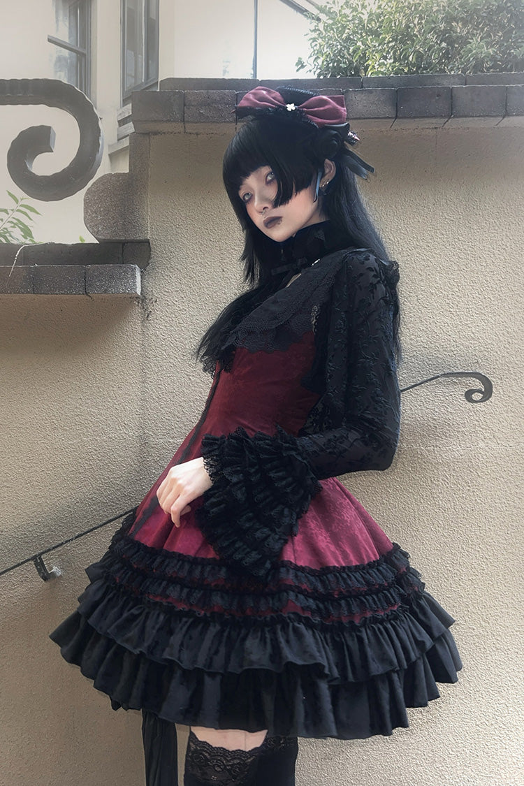 [Escape] Double-Layered Jacquard Striped Printed Ruffled Slim Gothic Lolita Jumper Dress 3 Colors - Product - 14
