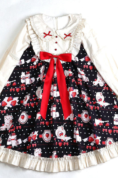 Round Collar High Waist Strawberry Milk Jar Printed Sweet Lolita OP Dress - Product - 8