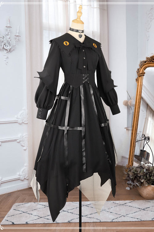Black Lapel Collar Cat Eye Irregular Hem Gothic Lolita OP Dress - Product - 7
