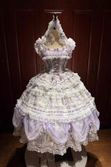 Purple [Wisteria] Sleeveless Multi-Layered Hanayome Bow Lace Lace-Up Sweet Gorgeous Lolita Jsk Dress Set - Purple - 1