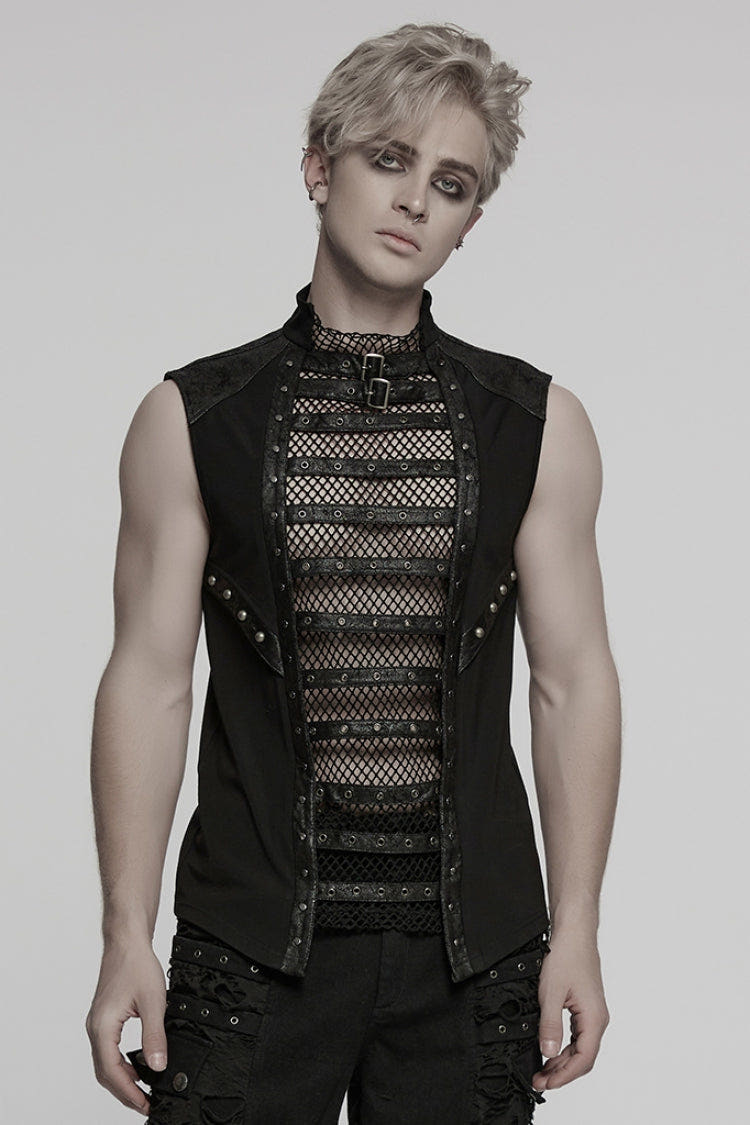 Black Sleeveless Stitching Mesh Eyelet Straps Men's Punk Vest - Black - 1