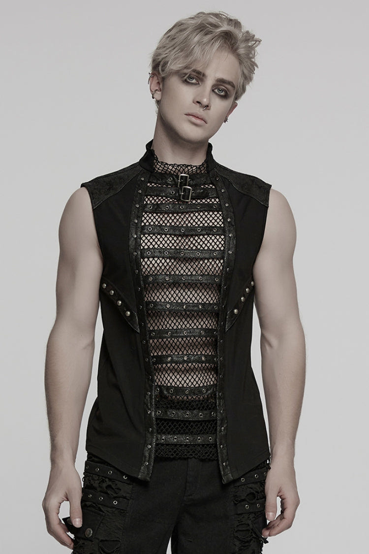 Black Sleeveless Stitching Mesh Eyelet Straps Men's Punk Vest - Black - 1