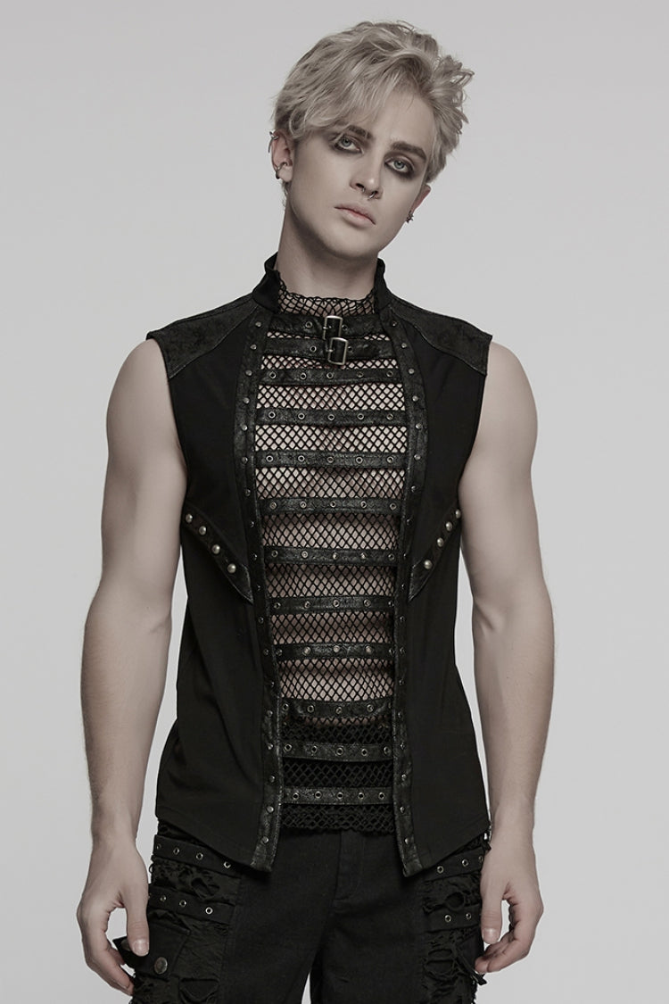 Black Sleeveless Stitching Mesh Eyelet Straps Men's Punk Vest - Black - 1