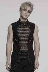 Black Sleeveless Stitching Mesh Eyelet Straps Men's Punk Vest - Black - 1