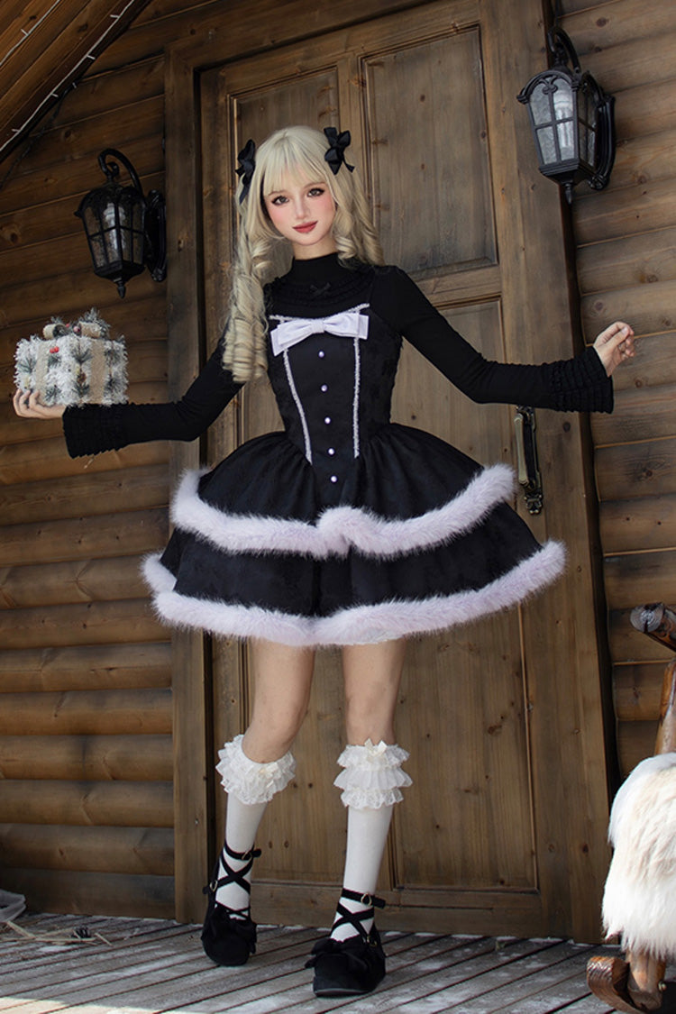 [Winter's Wish] Double-Layered Jacquard Bowknot Furry Sweet Lolita Jsk Dress 2 Colors - Product - 3