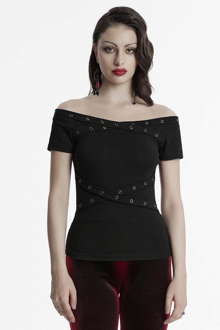 Black Off Shoulder Short Sleeves Eyelet Straps Women's Gothic Blouse - Black - 1