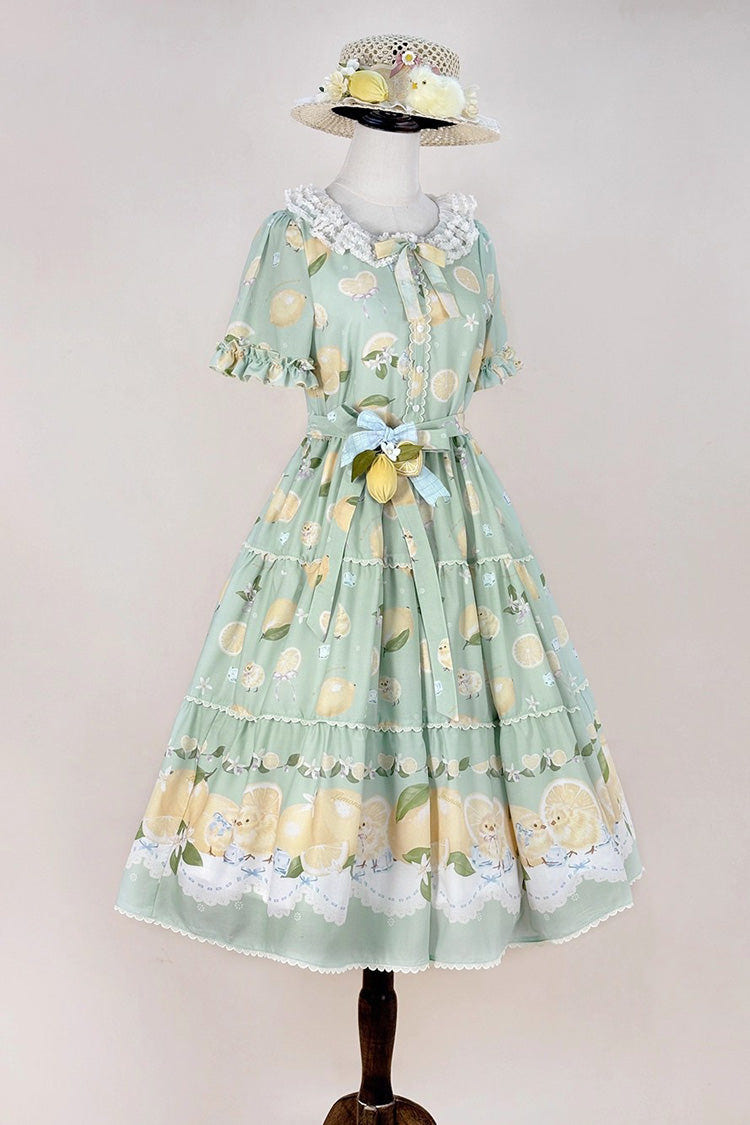 Green [Lemon Chicken] Short Sleeves Print Ruffle Bowknot Lace Daily Sweet Lolita Dress - Product - 9