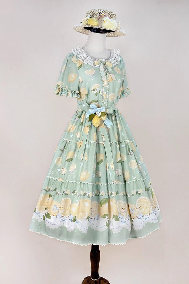 Green [Lemon Chicken] Short Sleeves Print Ruffle Bowknot Lace Daily Sweet Lolita Dress - Product - 9