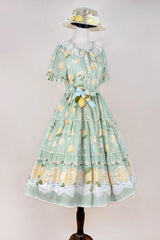 Green [Lemon Chicken] Short Sleeves Print Ruffle Bowknot Lace Daily Sweet Lolita Dress - Product - 9