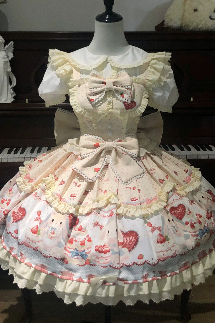 イエロー [Cute Rabbit Party] ノースリーブ 二層 プリント フリル リボン スウィートロリータ ジャンパースカート（JSK） 商品画像
