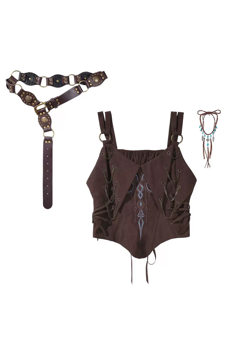 Brown/White [Dune Shadow Seeker] Sleeveless Ruffled Embroidered Irregular Vintage Lolita Skirt Set - Top(Only) - 18