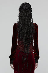 Red Stand Collar Long Puff Sleeves Floral Embroidered Lace-Up Women's Gothic Blouse - Product - 3