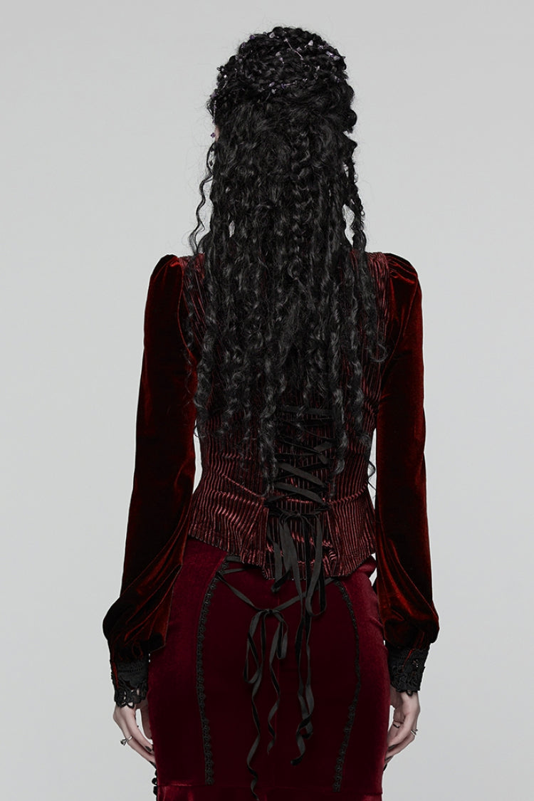 Red Stand Collar Long Puff Sleeves Floral Embroidered Lace-Up Women's Gothic Blouse - Product - 3