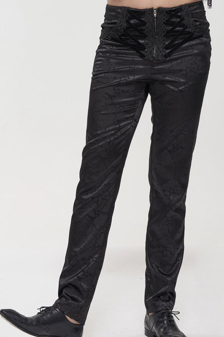 Black Gothic Glossy Pattern Drawstring Lace Decoration Men's Pants - Product - 4