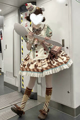 Brown [Peppermint Chocolate] Chocolate Cake Bear Print Ruffle Bowknot Lace-Up Sweet Lolita Dress - Product - 16