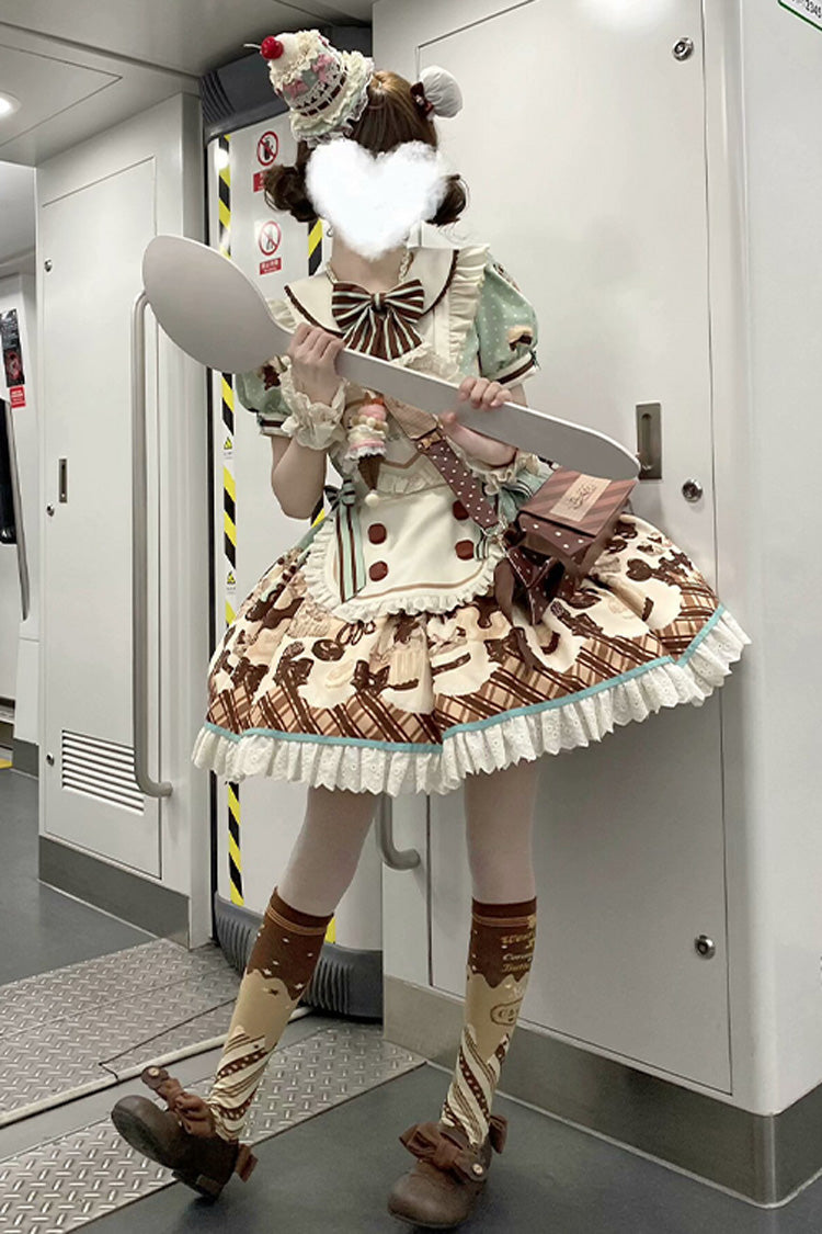 Brown [Peppermint Chocolate] Chocolate Cake Bear Print Ruffle Bowknot Lace-Up Sweet Lolita Dress - Product - 16