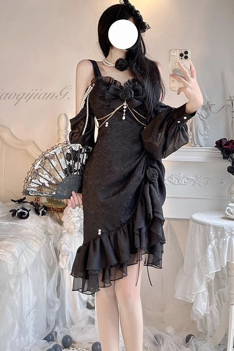 Camellia Rose Ruffle Asymmetric Gothic Chinese Style Elegant Lolita Jsk Dress 3 Colors - Black - 1