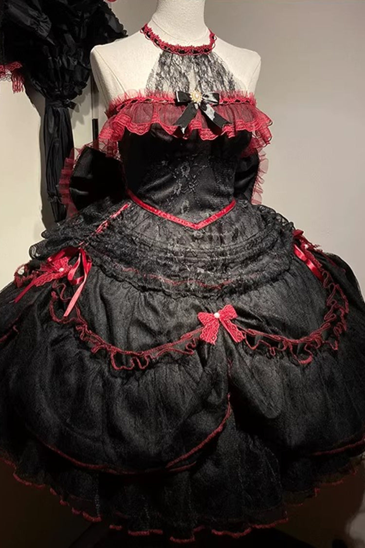 Black/Red [Layered Poem] Halterneck Sleeveless Multi-Layered Jacquard Hanayome Bow Lace Gothic Lolita Dress - Product - 6