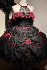 Black/Red [Layered Poem] Halterneck Sleeveless Multi-Layered Jacquard Hanayome Bow Lace Gothic Lolita Dress - Product - 6