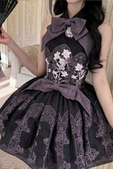 [Stained Glass Dream] Halterneck Sleeveless Printed Embroidered Bow Gothic Lolita Dress 2 Colors (Black/Purple, White/Purple) - Product - 9