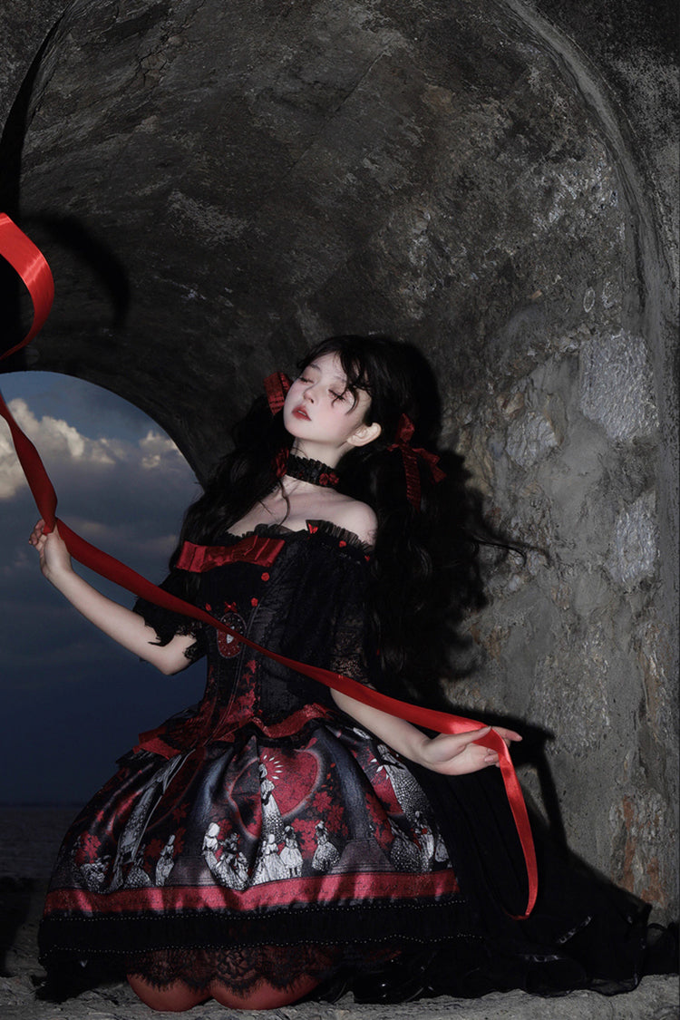 Red [Dark Moon Corridor] Print Embroidery Gothic Lolita Dress Skirt - Product - 13