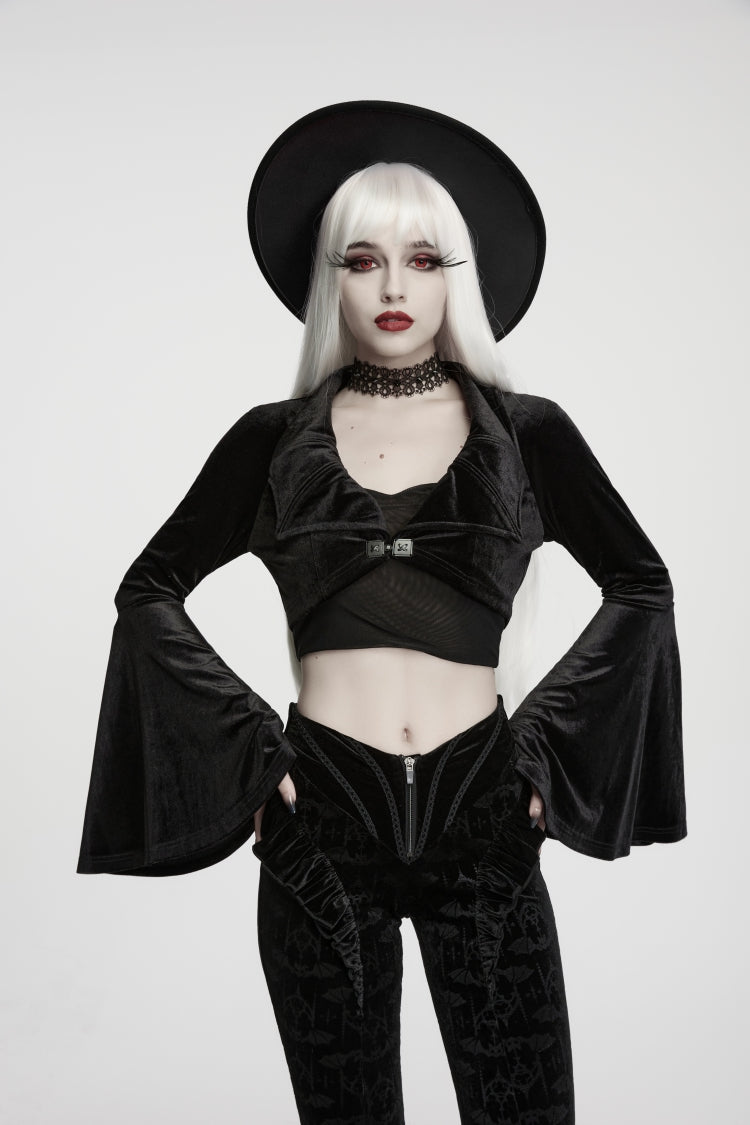 Black  Women's Gothic Velvet Bat Wing Collar Flare Sleeve Short Jacket - Black - 1