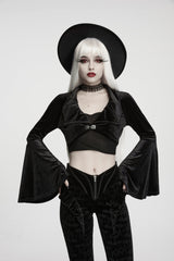 Black  Women's Gothic Velvet Bat Wing Collar Flare Sleeve Short Jacket - Black - 1
