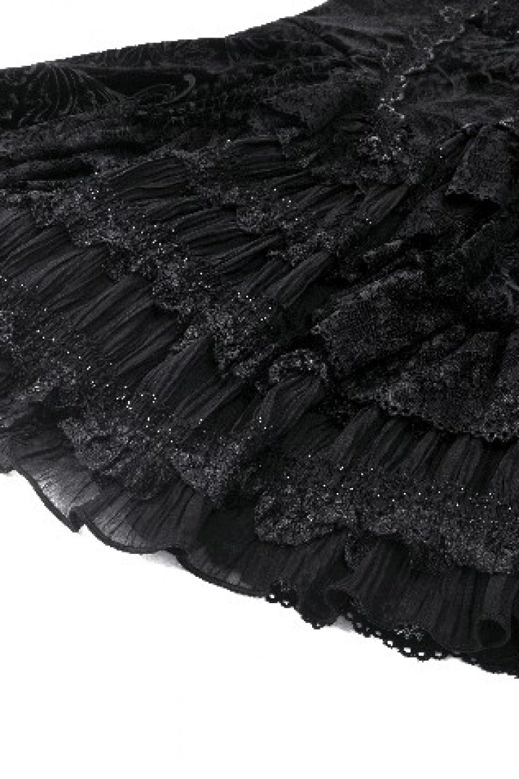 Black Square Collar Long Flared Sleeves Multi-Layered Lace Trim Lace-Up Women's Gothic Velvet Dress - Product - 15