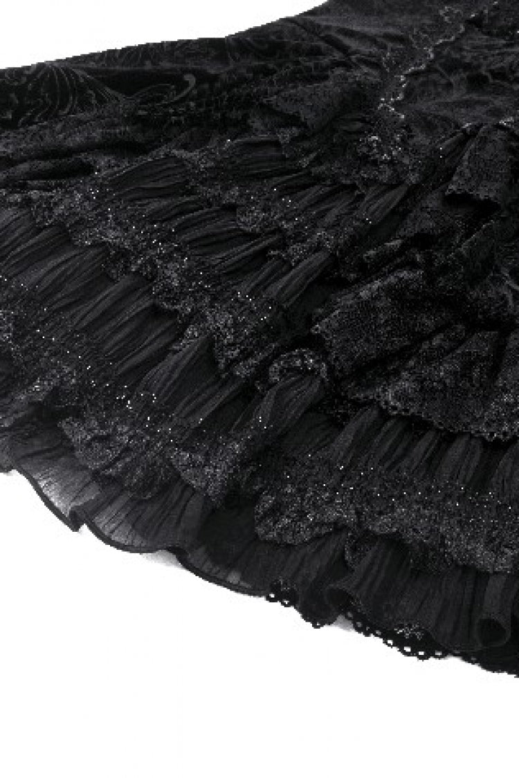 Black Square Collar Long Flared Sleeves Multi-Layered Lace Trim Lace-Up Women's Gothic Velvet Dress - Product - 15