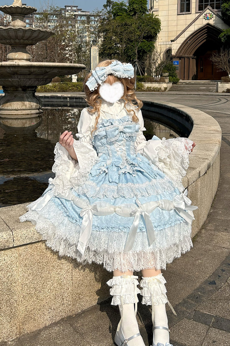 Blue Sleeveless Multi-Layered Ruffle Bowknot Lace Sweet Plus Size Lolita Jsk Dress - Product - 4