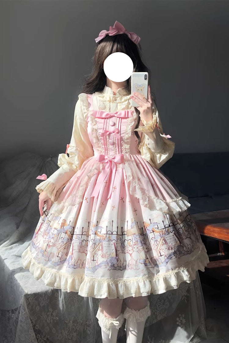 [Angel Lamb] Sleeveless Printed Ruffled Bow Sweet Lolita Jsk Dress 3 Colors - Pink - 1